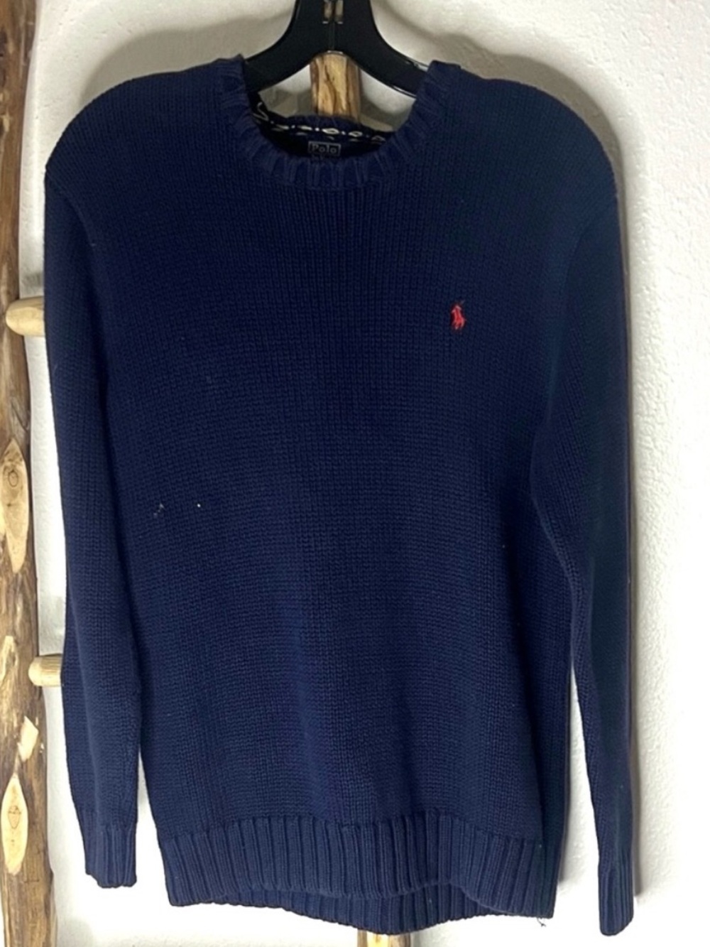 Polo Ralph Lauren Navy Cotton Classic Crewneck Sweater with Red Polo Pony Large